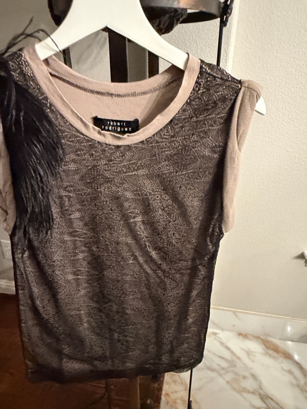 Robert Rodriguez Taupe Lace-Overlay Sleeveless Tank with Feather Trim